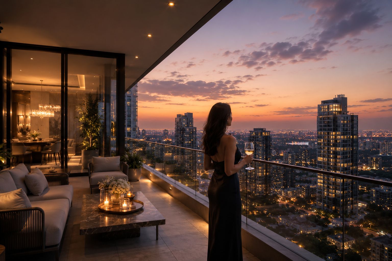 Elegant woman enjoying a glass of wine on a luxury high-rise apartment balcony overlooking a modern city skyline at sunset.